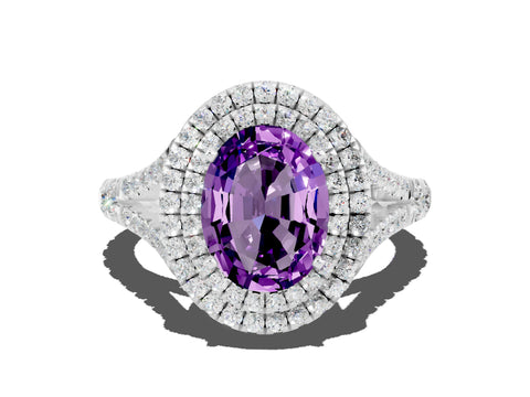 White gold Double Halo Oval Cut Amethyst Pavé Split Shank Ring with Prong Setting