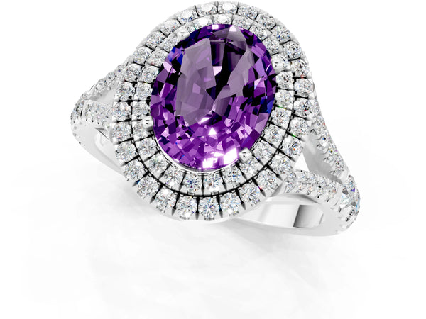 Platinum Double Halo Oval Cut Amethyst Split Shank Engagement Ring with Four-Prong Setting