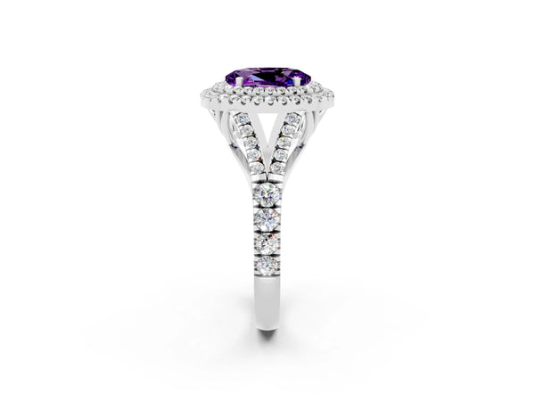 Platinum Double Halo Oval Cut Amethyst Split Shank Engagement Ring with Four-Prong Setting