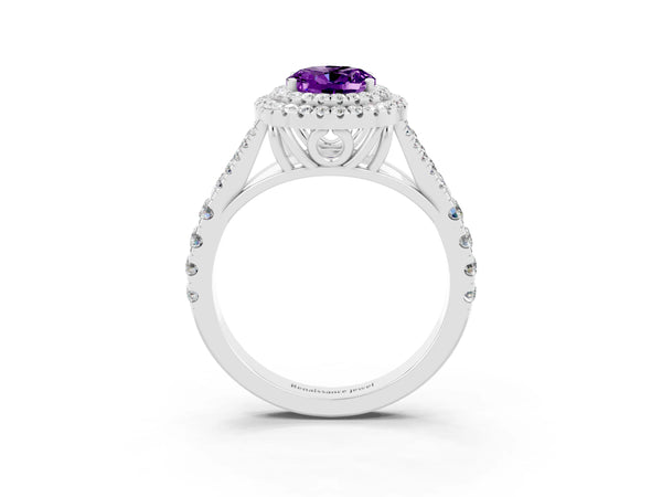 Platinum Double Halo Oval Cut Amethyst Split Shank Engagement Ring with Four-Prong Setting