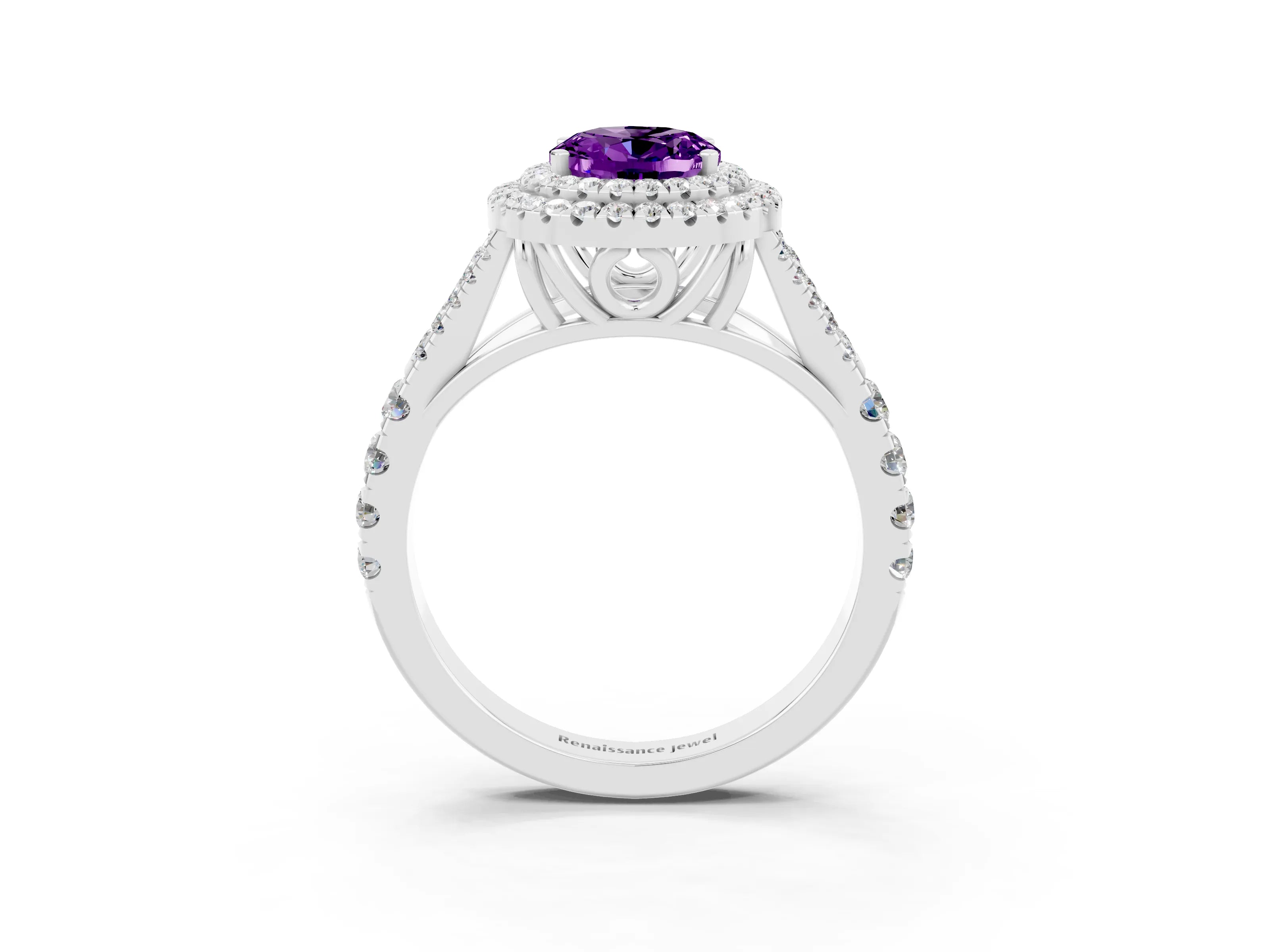 White gold Double Halo Oval Cut Amethyst Split Shank Engagement Ring with Four-Prong Setting_3
