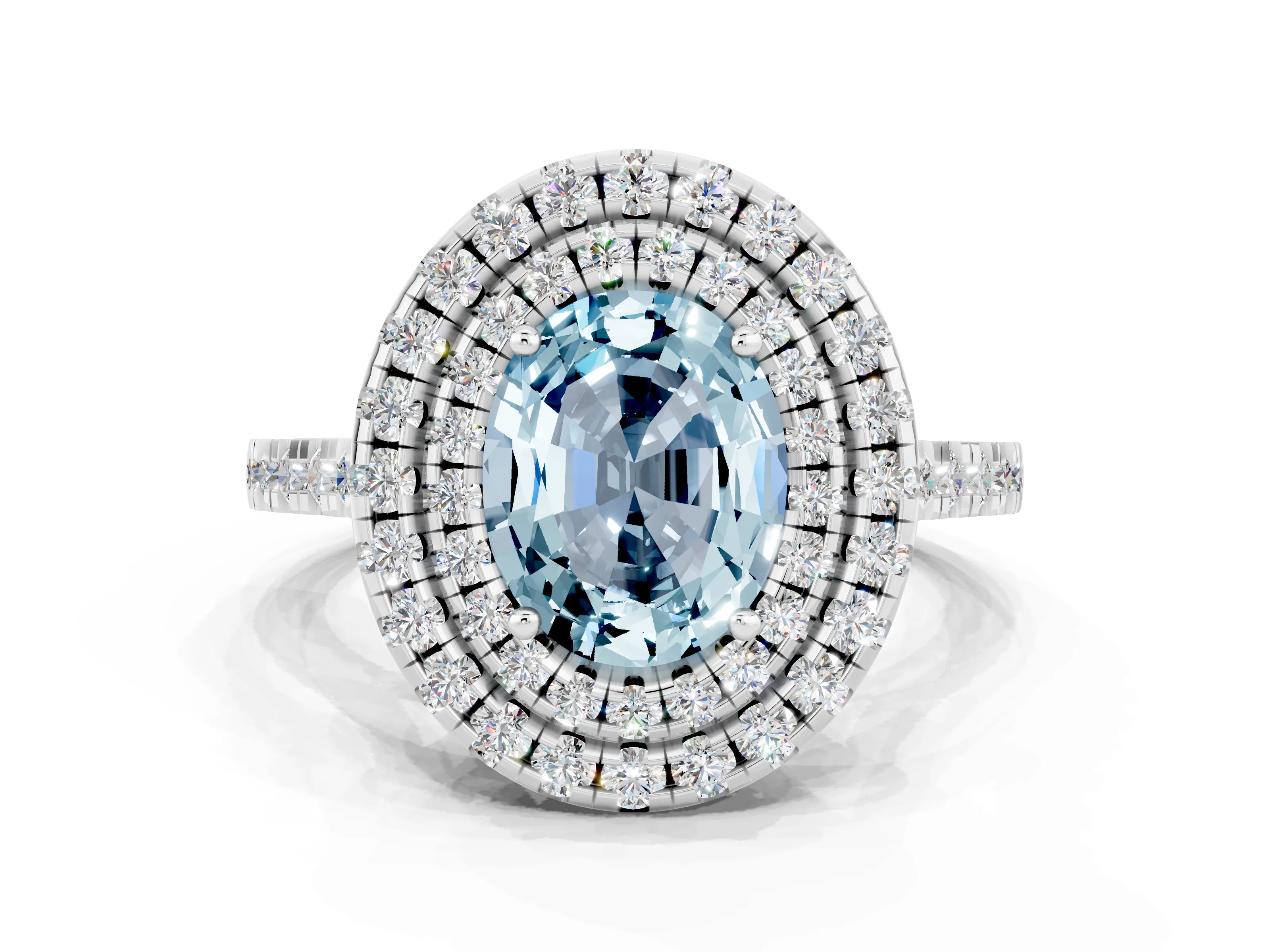 White gold Double Halo Oval Cut Aquamarine Pavé Band with Four-Prong Setting