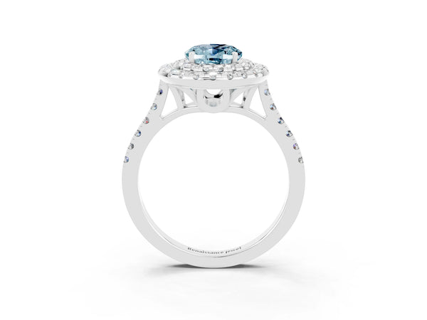 Platinum Double Halo Oval Cut Aquamarine Pavé Band with Four-Prong Setting
