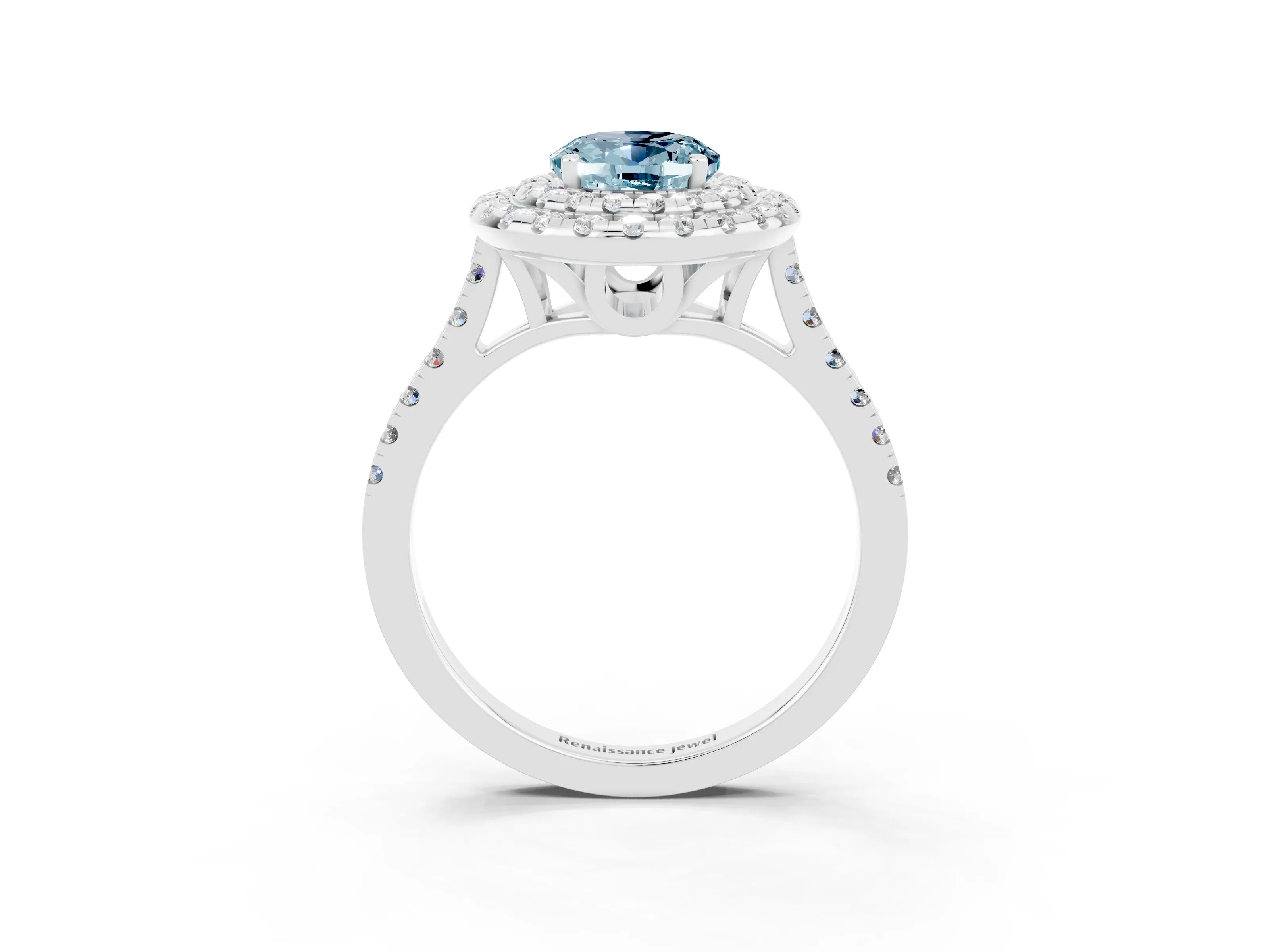 White gold Double Halo Oval Cut Aquamarine Pavé Band with Four-Prong Setting_3