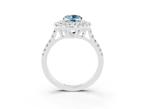 White gold Double Halo Oval Cut Aquamarine Pavé Band with Four-Prong Setting_3