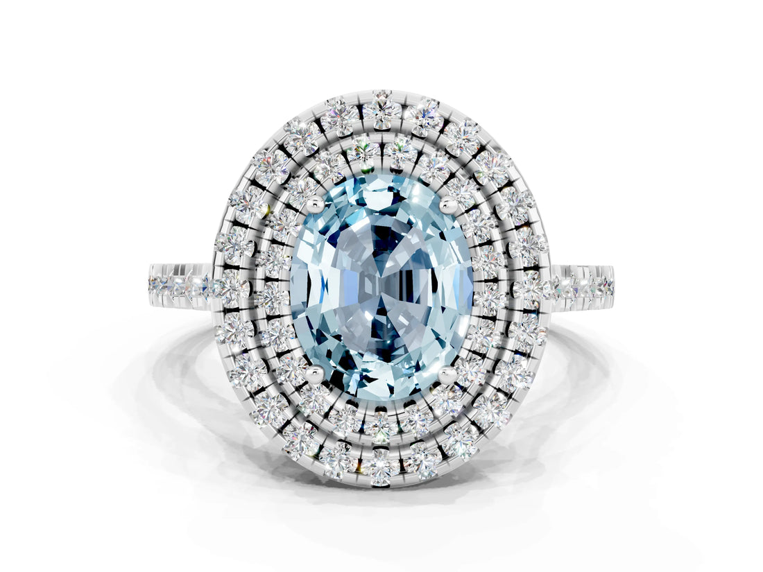 White gold Double Halo Oval Cut Aquamarine Pavé Band with Four-Prong Setting