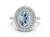 White gold Double Halo Oval Cut Aquamarine Pavé Band with Four-Prong Setting