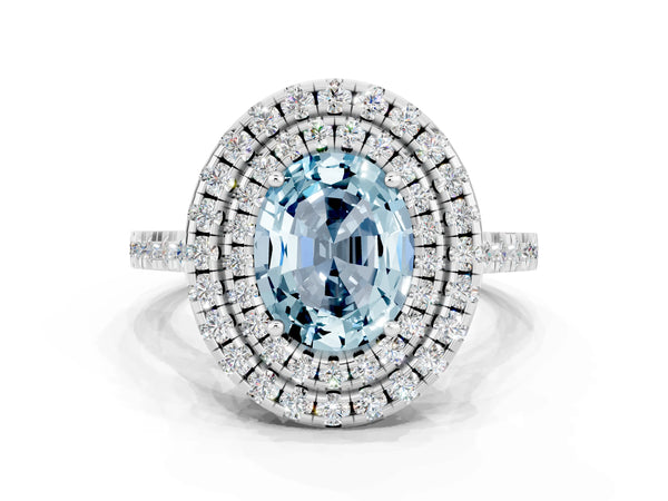 Silver Double Halo Oval Cut Aquamarine Pavé Band with Four-Prong Setting
