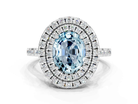 White gold Double Halo Oval Cut Aquamarine Pavé Band with Four-Prong Setting
