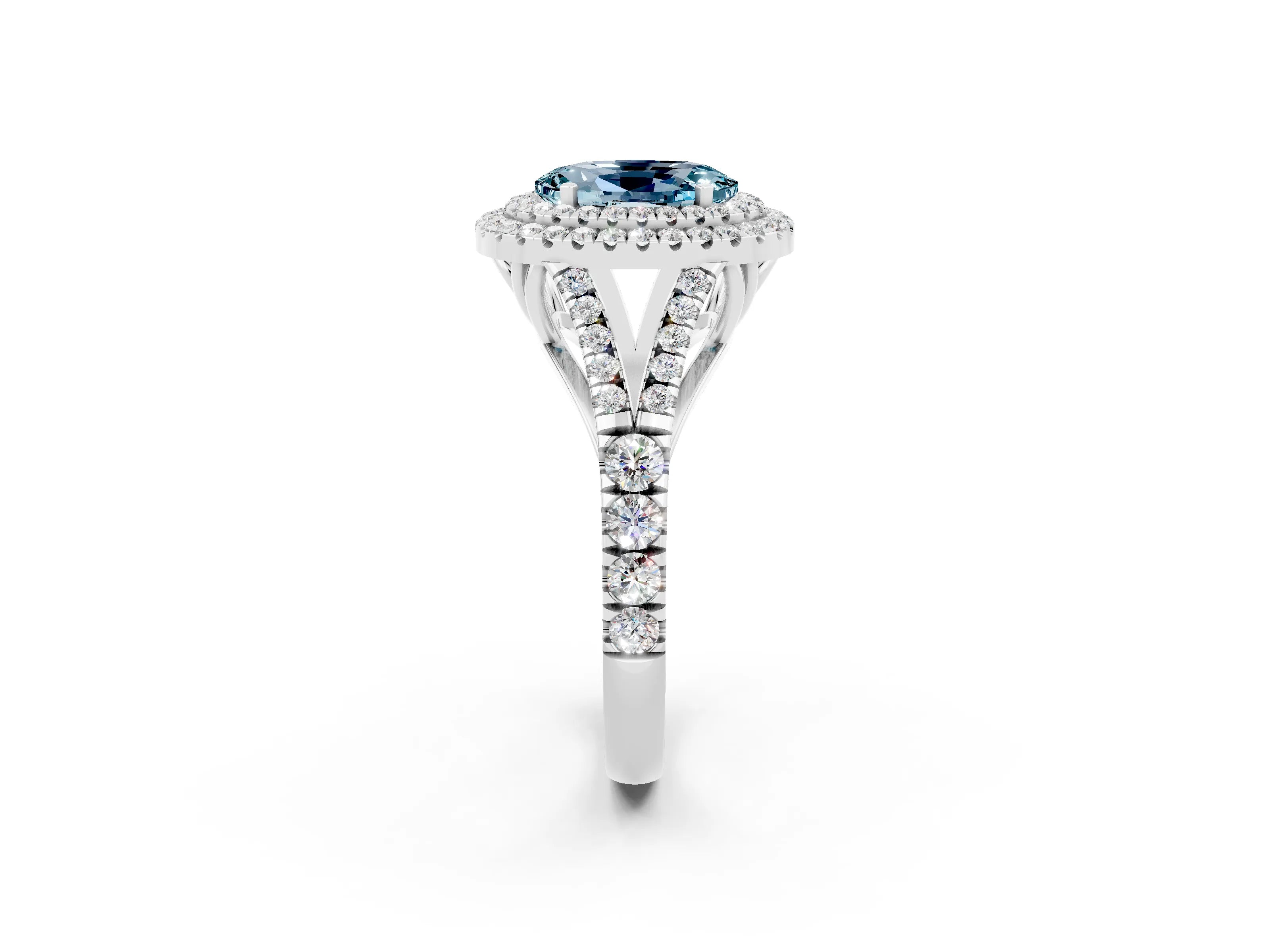White gold Double Halo Oval Cut Aquamarine Pavé Split Shank Ring with Prong Setting_2