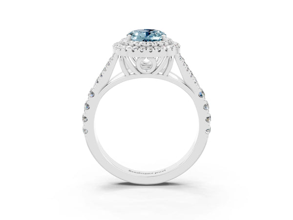 Platinum Double Halo Oval Cut Aquamarine Pavé Split Shank Ring with Prong Setting