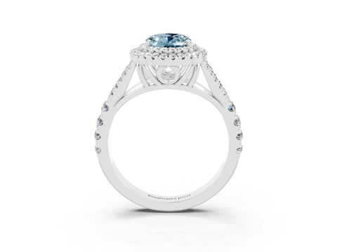 White gold Double Halo Oval Cut Aquamarine Pavé Split Shank Ring with Prong Setting_3