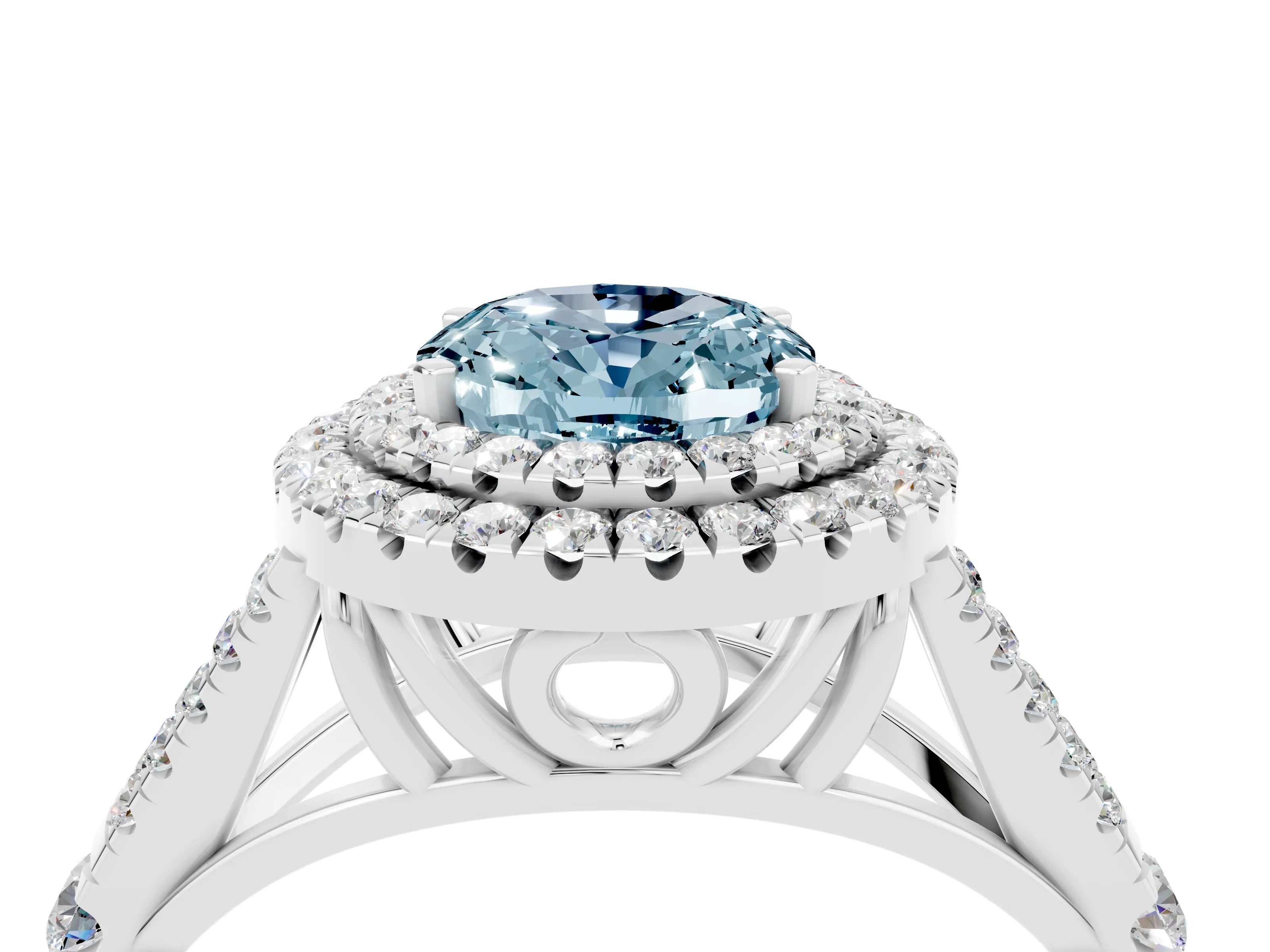 White gold Double Halo Oval Cut Aquamarine Pavé Split Shank Ring with Prong Setting_4