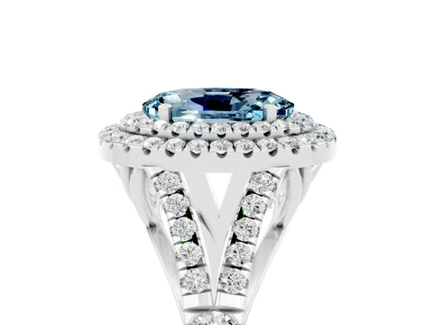White gold Double Halo Oval Cut Aquamarine Pavé Split Shank Ring with Prong Setting_5
