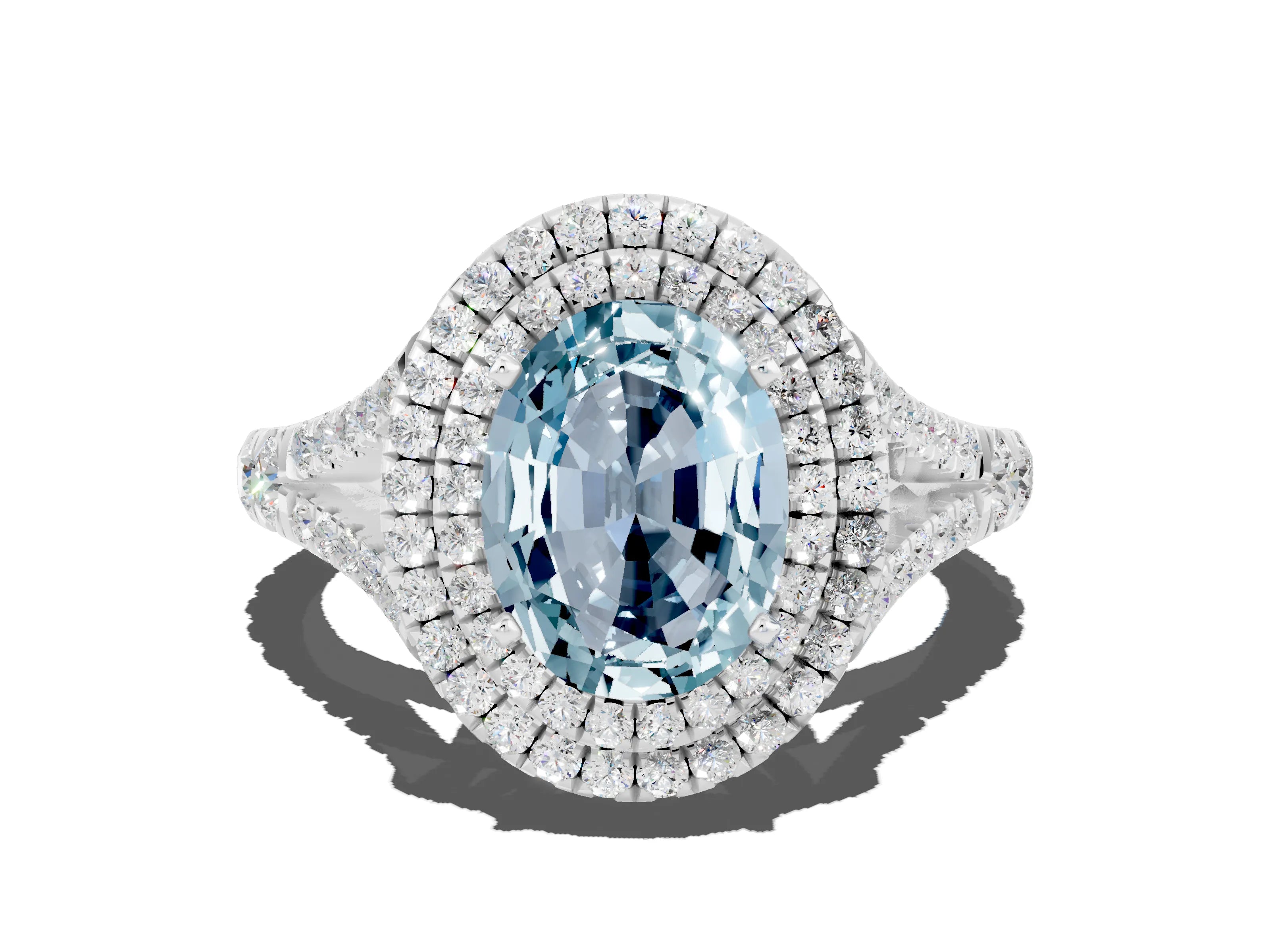 White gold Double Halo Oval Cut Aquamarine Pavé Split Shank Ring with Prong Setting