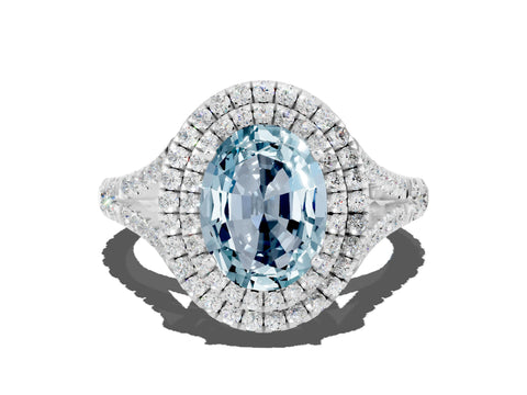 White gold Double Halo Oval Cut Aquamarine Pavé Split Shank Ring with Prong Setting