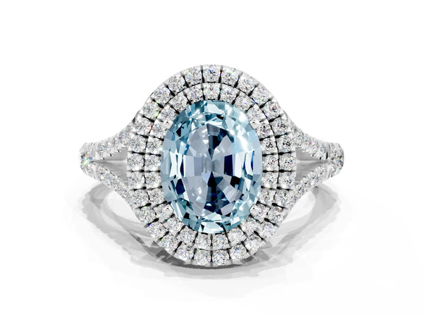 Platinum Double Halo Oval Cut Aquamarine Split Shank Engagement Ring with Four-Prong Setting