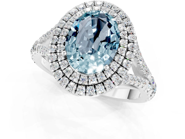 Platinum Double Halo Oval Cut Aquamarine Split Shank Engagement Ring with Four-Prong Setting
