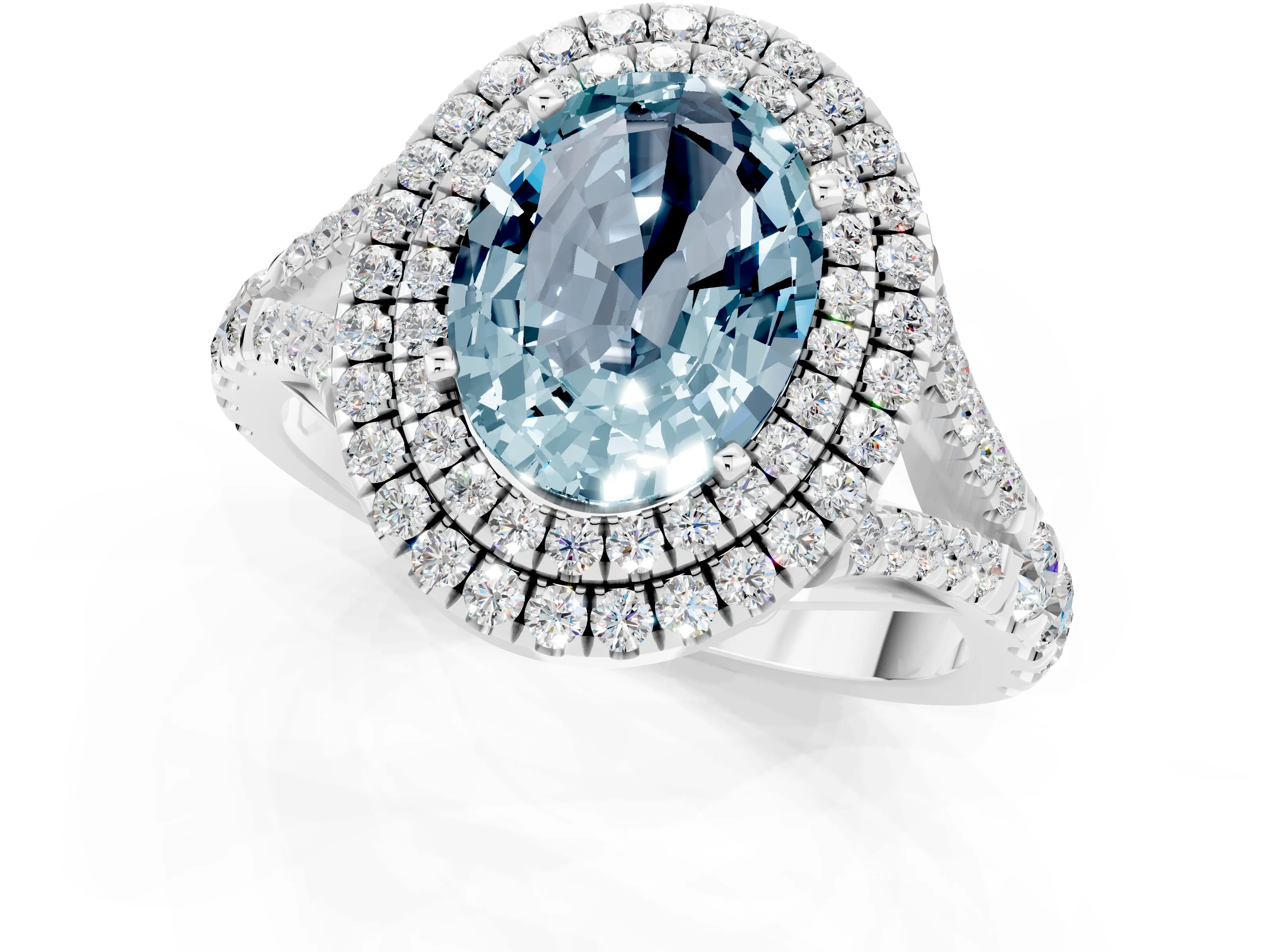 White gold Double Halo Oval Cut Aquamarine Split Shank Engagement Ring with Four-Prong Setting_1