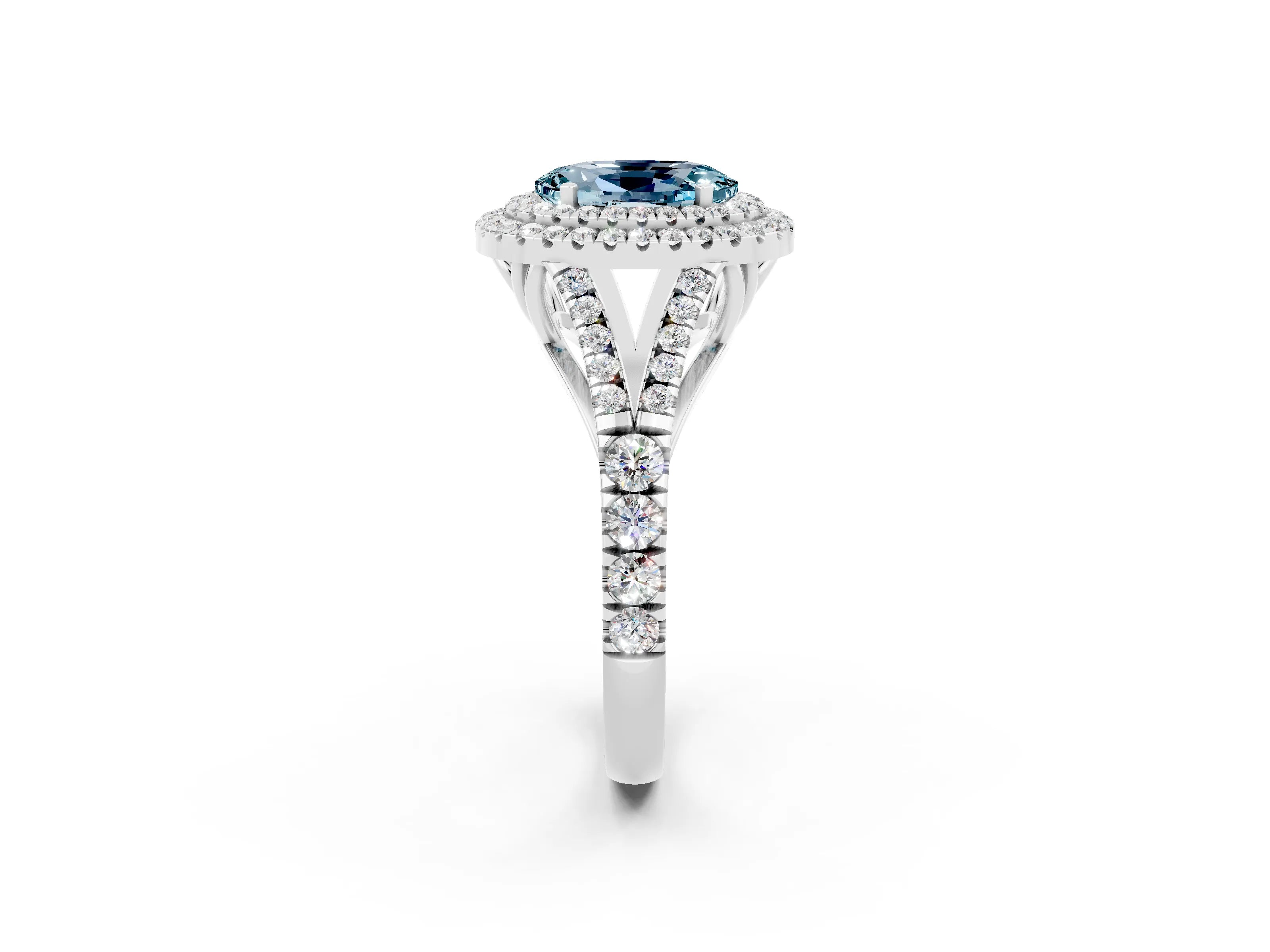 White gold Double Halo Oval Cut Aquamarine Split Shank Engagement Ring with Four-Prong Setting_2