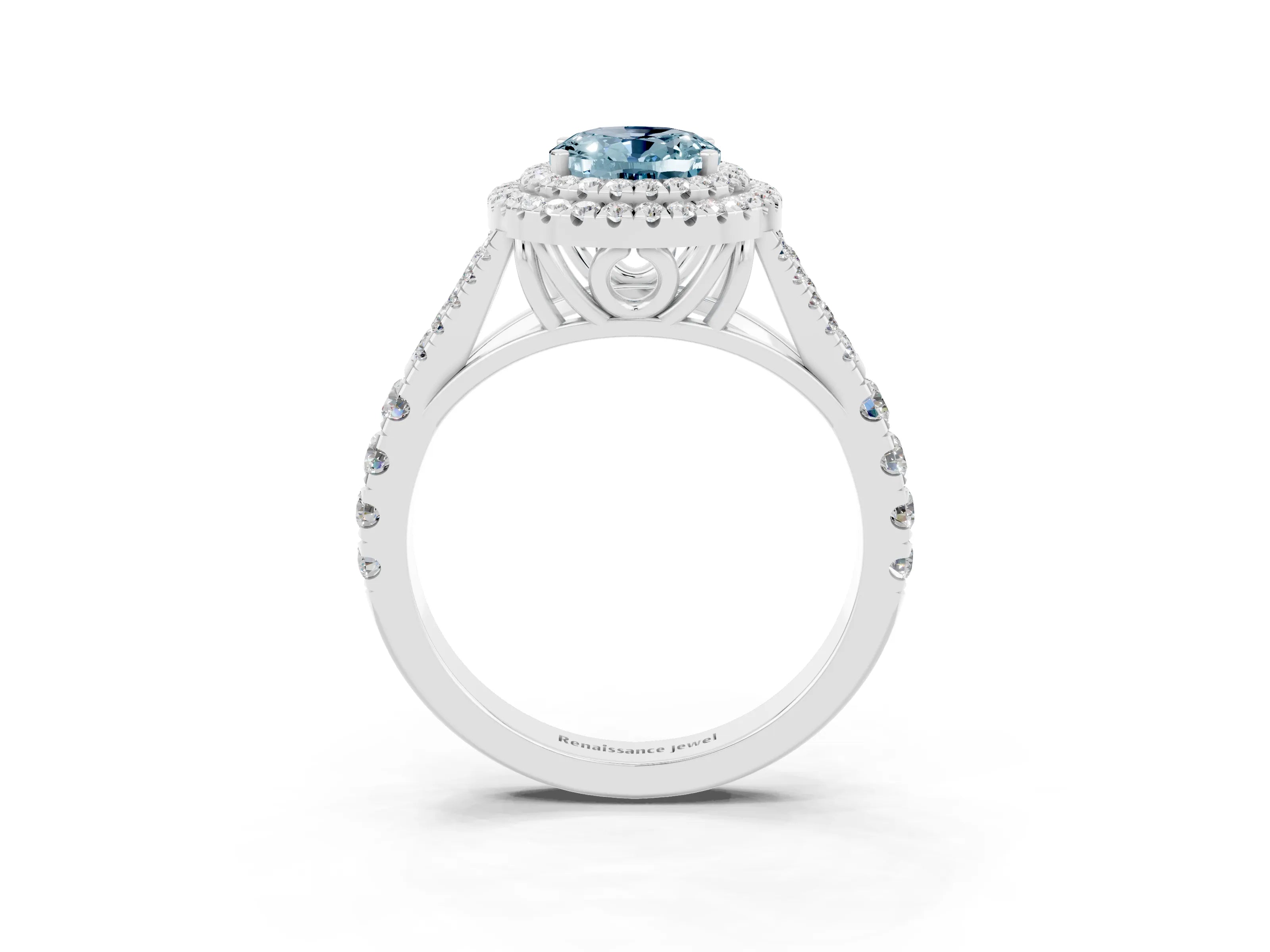 White gold Double Halo Oval Cut Aquamarine Split Shank Engagement Ring with Four-Prong Setting_3