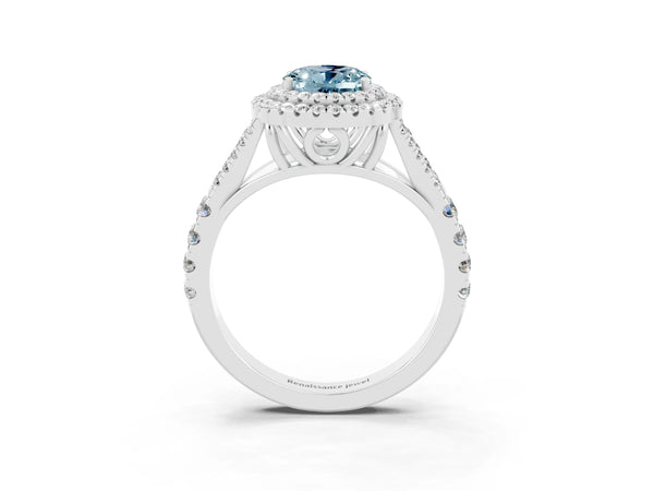 Platinum Double Halo Oval Cut Aquamarine Split Shank Engagement Ring with Four-Prong Setting
