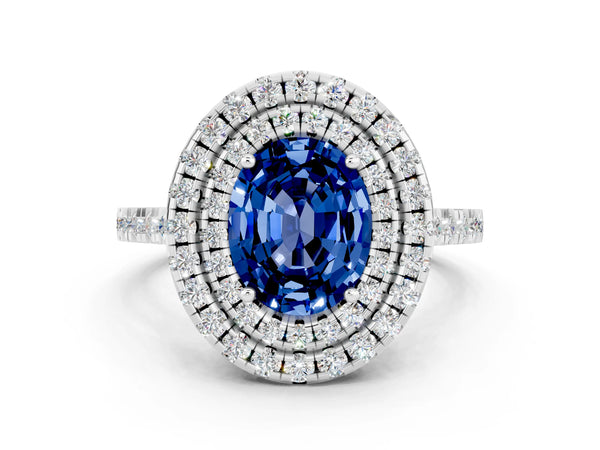 Platinum Double Halo Oval Cut Blue Sapphire Pavé Band with Four-Prong Setting