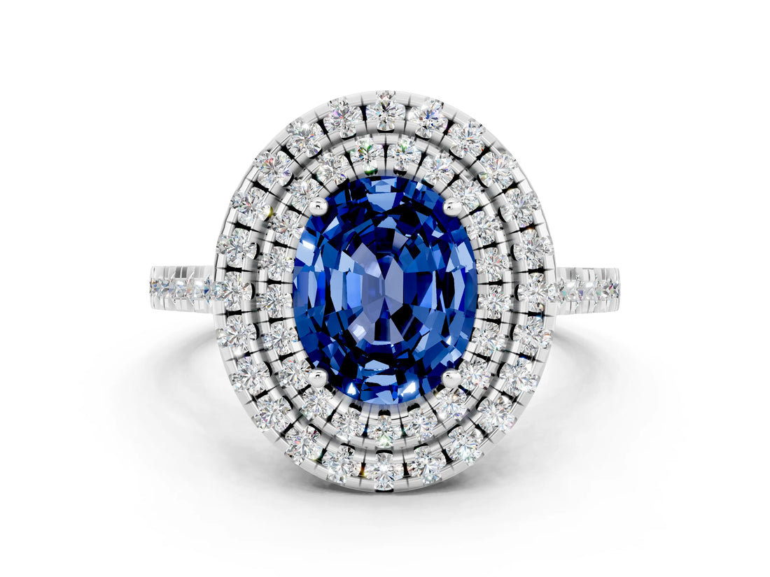 White gold Double Halo Oval Cut Blue Sapphire Pavé Band with Four-Prong Setting