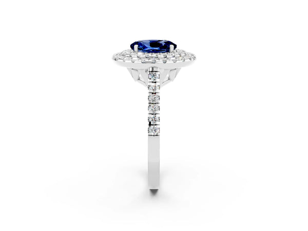 Platinum Double Halo Oval Cut Blue Sapphire Pavé Band with Four-Prong Setting