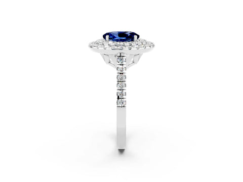 White gold Double Halo Oval Cut Blue Sapphire Pavé Band with Four-Prong Setting_2