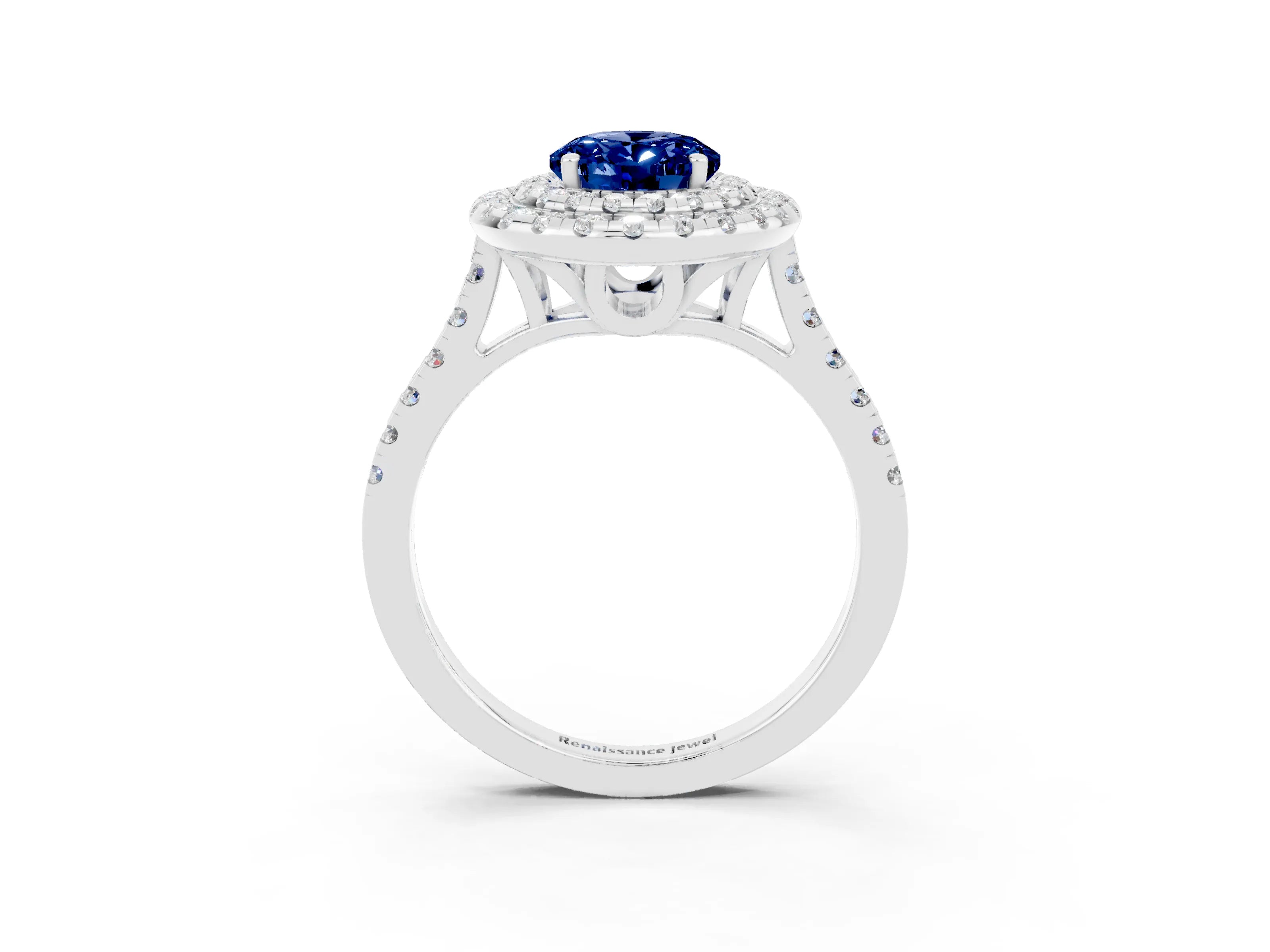 White gold Double Halo Oval Cut Blue Sapphire Pavé Band with Four-Prong Setting_3