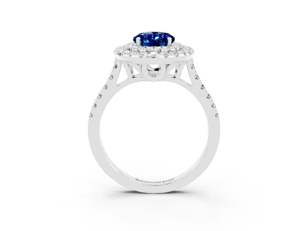 Platinum Double Halo Oval Cut Blue Sapphire Pavé Band with Four-Prong Setting
