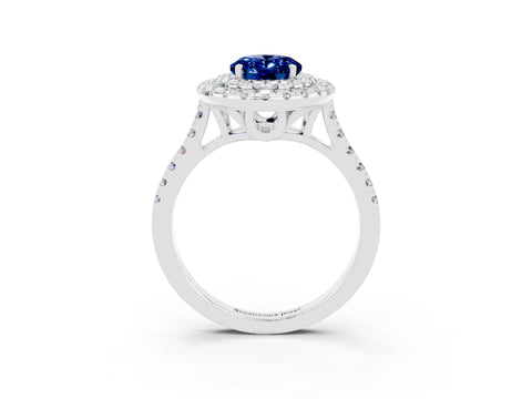White gold Double Halo Oval Cut Blue Sapphire Pavé Band with Four-Prong Setting_3