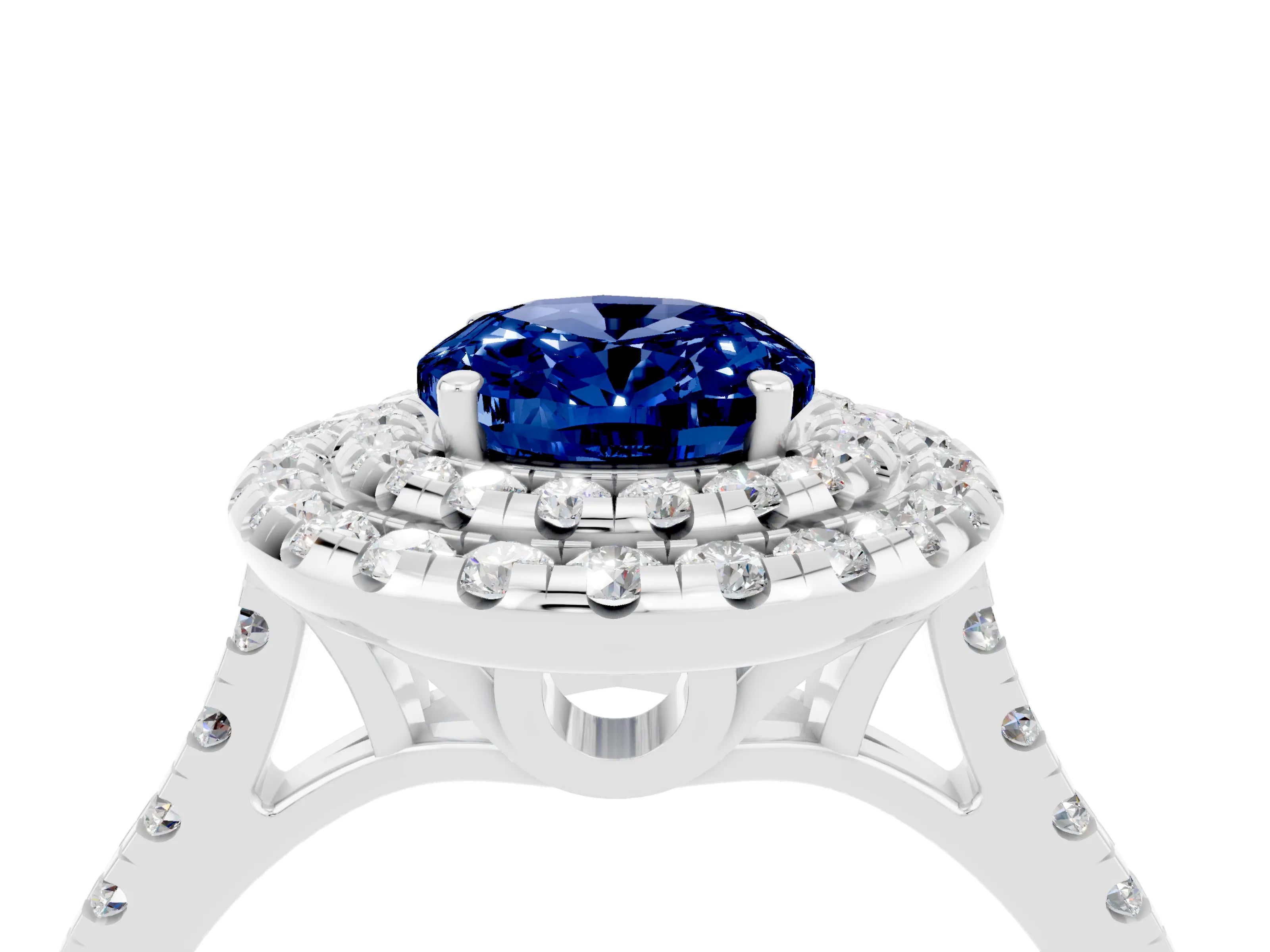 White gold Double Halo Oval Cut Blue Sapphire Pavé Band with Four-Prong Setting_4