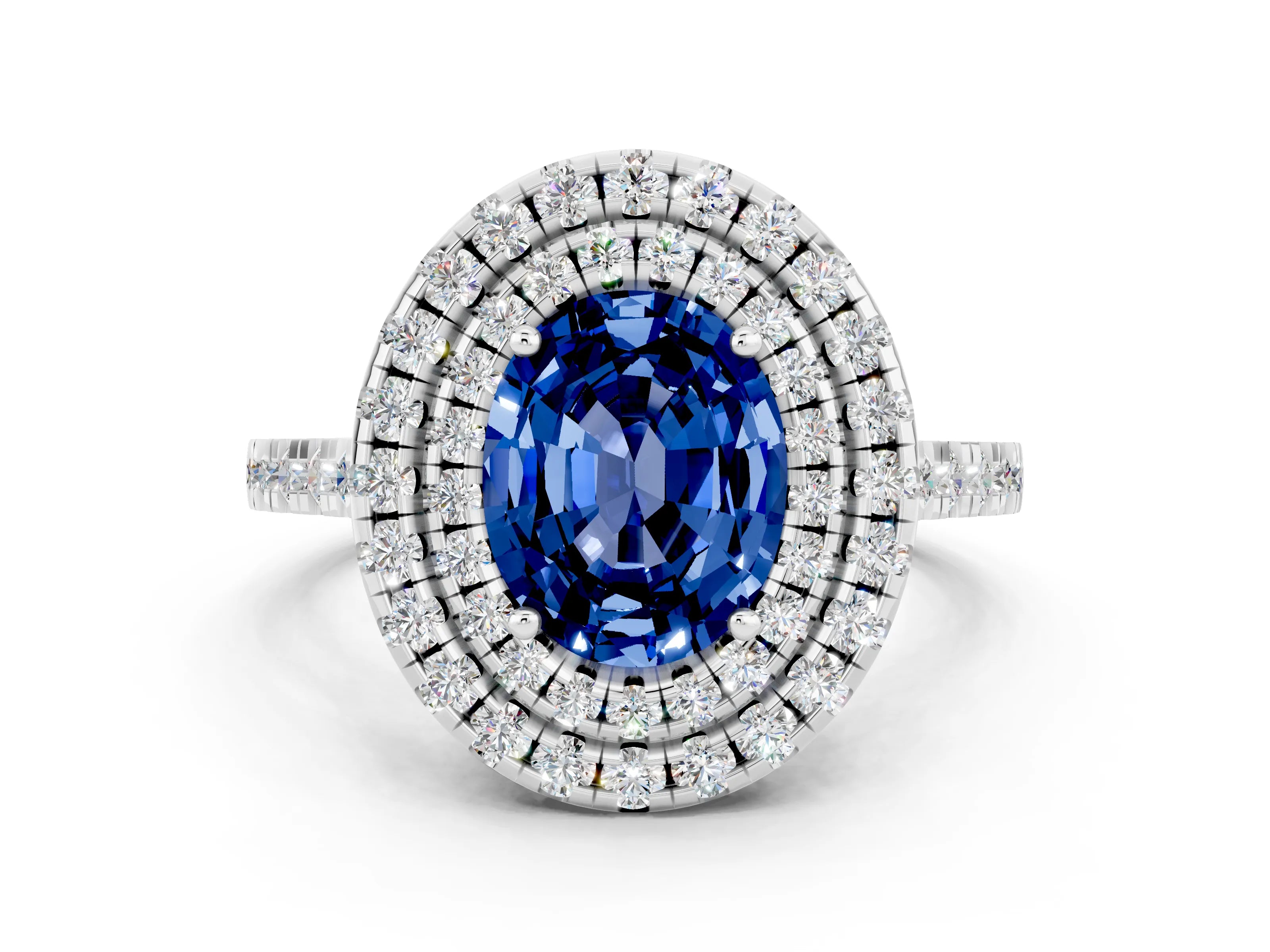 White gold Double Halo Oval Cut Blue Sapphire Pavé Band with Four-Prong Setting
