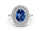 White gold Double Halo Oval Cut Blue Sapphire Pavé Band with Four-Prong Setting