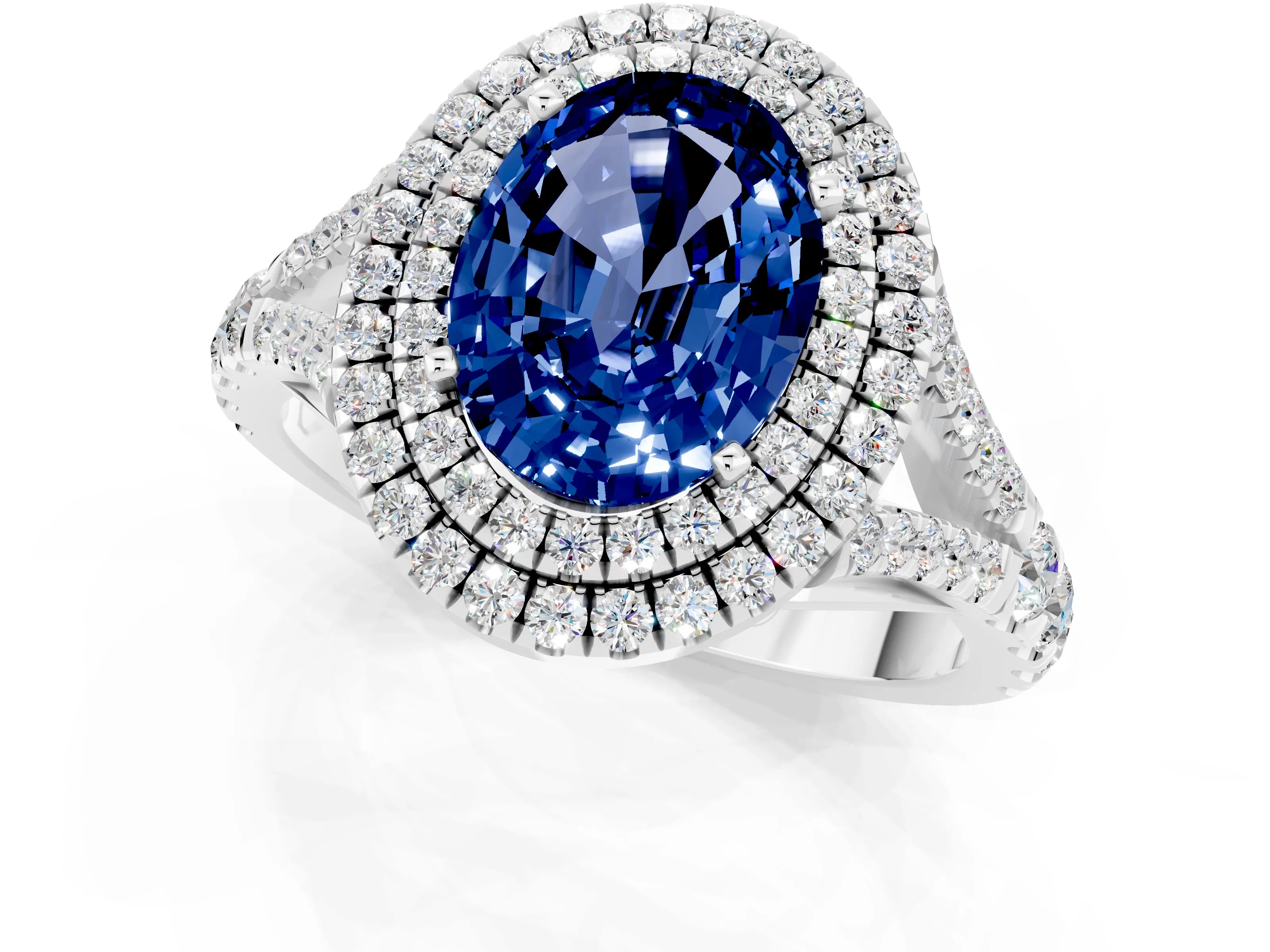 White gold Double Halo Oval Cut Blue Sapphire Pavé Split Shank Ring with Prong Setting_1
