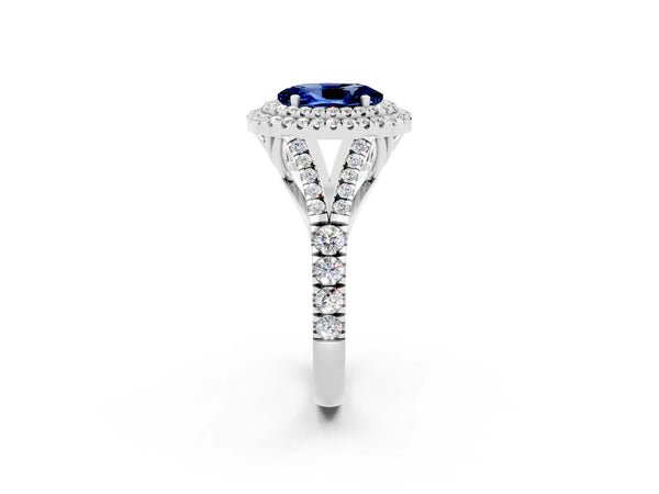 White gold Double Halo Oval Cut Blue Sapphire Pavé Split Shank Ring with Prong Setting