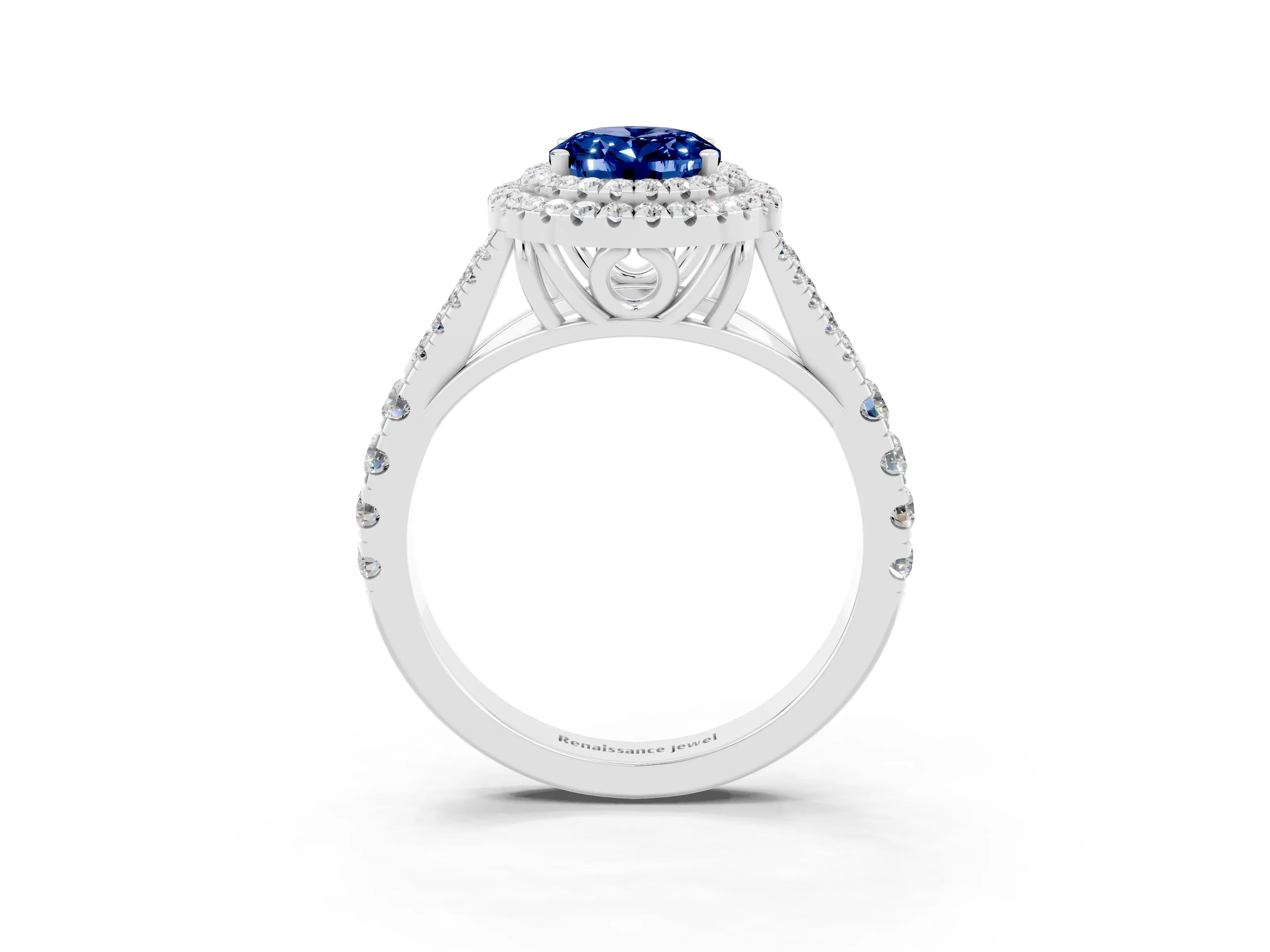 White gold Double Halo Oval Cut Blue Sapphire Pavé Split Shank Ring with Prong Setting_3