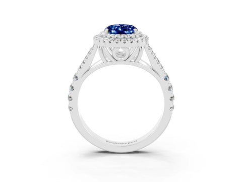 White gold Double Halo Oval Cut Blue Sapphire Pavé Split Shank Ring with Prong Setting_3