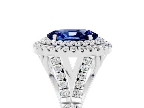 White gold Double Halo Oval Cut Blue Sapphire Pavé Split Shank Ring with Prong Setting_5