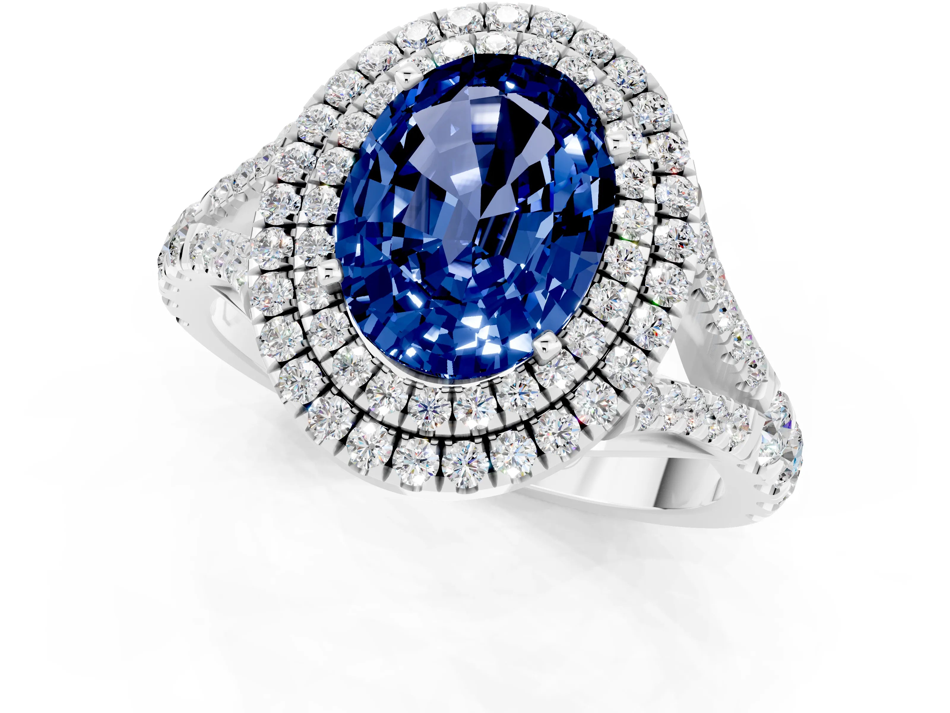 White gold Double Halo Oval Cut Blue Sapphire Split Shank Engagement Ring with Four-Prong Setting_1