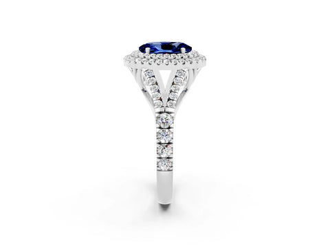 White gold Double Halo Oval Cut Blue Sapphire Split Shank Engagement Ring with Four-Prong Setting_2
