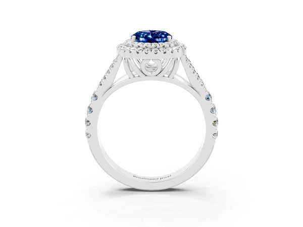 White gold Double Halo Oval Cut Blue Sapphire Split Shank Engagement Ring with Four-Prong Setting
