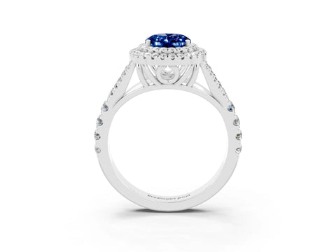 White gold Double Halo Oval Cut Blue Sapphire Split Shank Engagement Ring with Four-Prong Setting_3