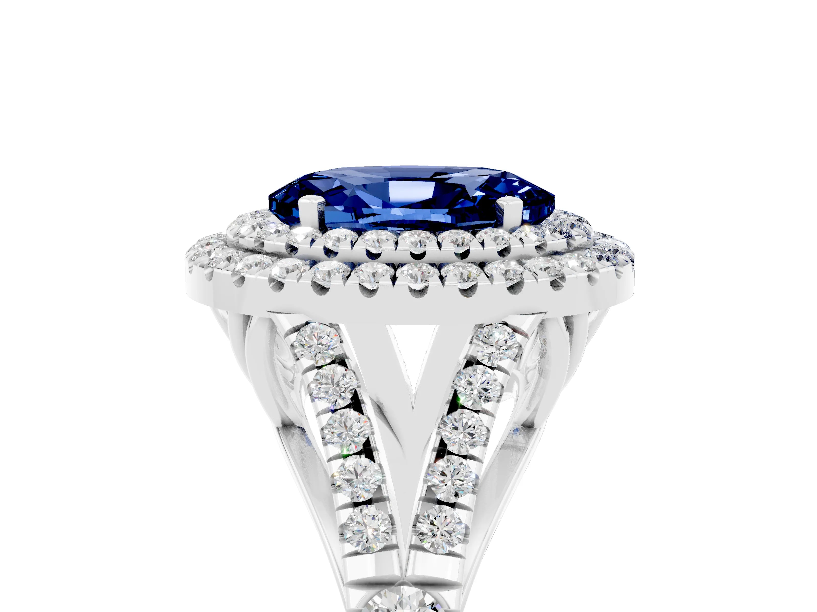 White gold Double Halo Oval Cut Blue Sapphire Split Shank Engagement Ring with Four-Prong Setting_5