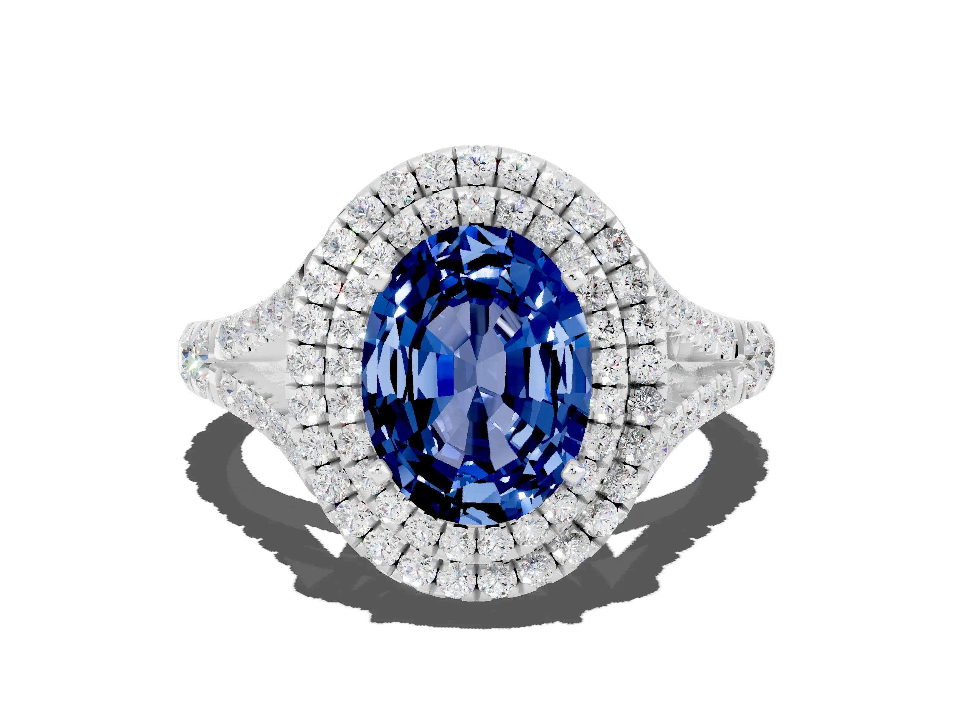 White gold Double Halo Oval Cut Blue Sapphire Split Shank Engagement Ring with Four-Prong Setting