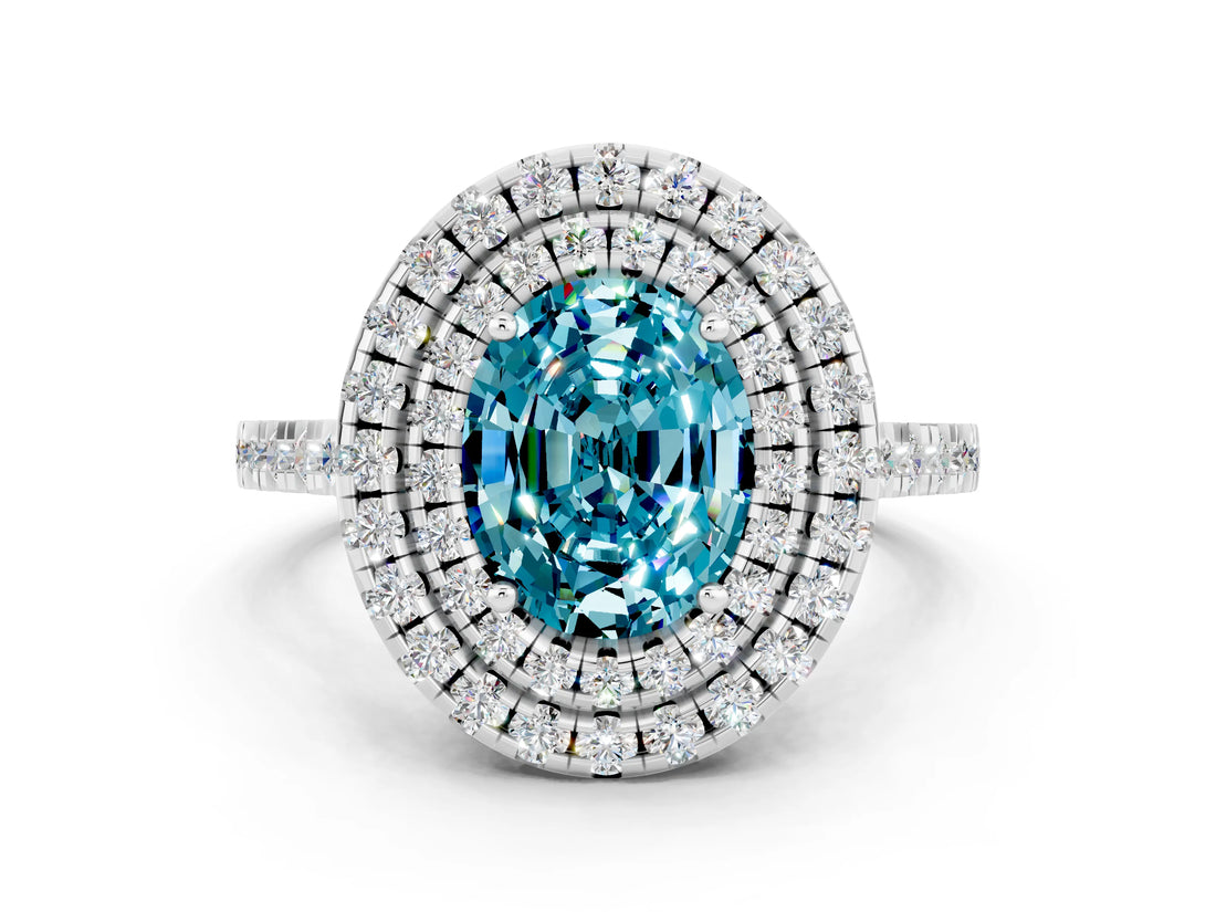 White gold Double Halo Oval Cut Blue Topaz Pavé Band with Four-Prong Setting