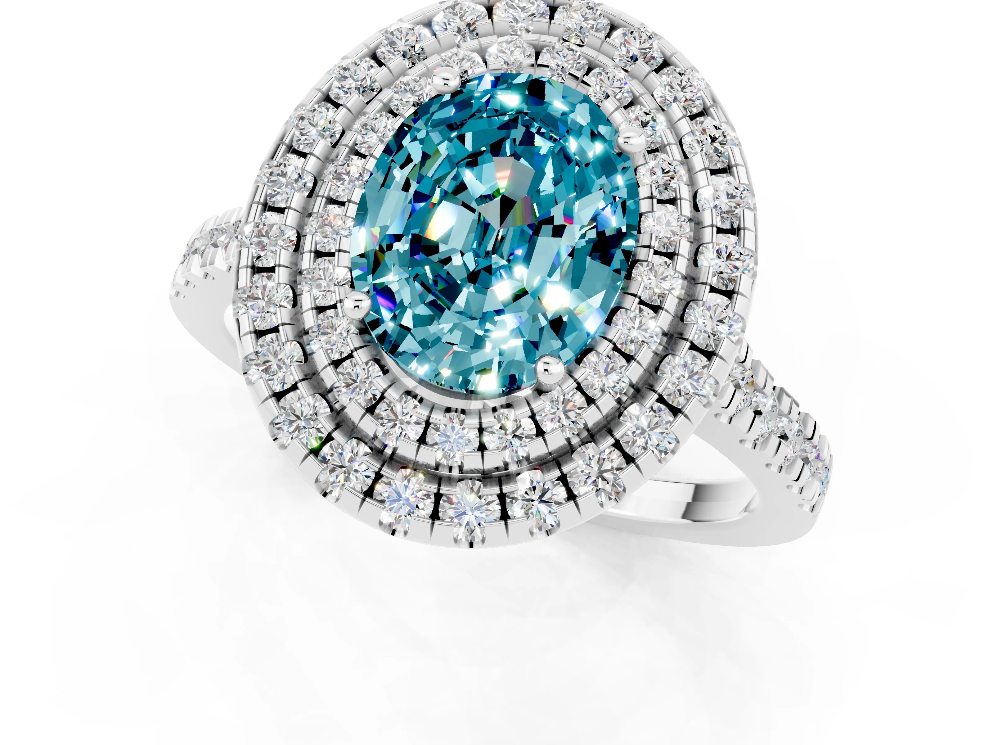 White gold Double Halo Oval Cut Blue Topaz Pavé Band with Four-Prong Setting_1