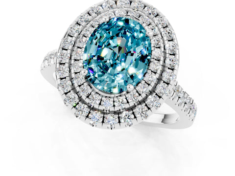White gold Double Halo Oval Cut Blue Topaz Pavé Band with Four-Prong Setting_1